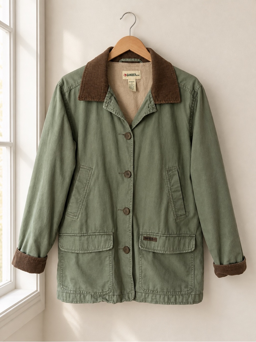 Vintage Gander Mountain Army Green Corduroy Collar Barn Chore Coat Small Jacket